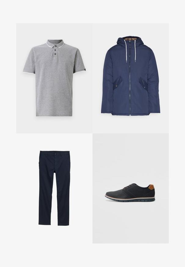 Marineblau gepadded Jacke mit Kapuze, ausgestattet mit einem Reißverschluss vorne, zwei seitlichen Taschen mit Knöpfen und weißen Kordeln.; Graues Polohemd mit Kragen, ausgestattet mit einer Knopfleiste mit drei Knöpfen, weißen Akzenten am Kragen und an den Ärmeln sowie einer weichen Textur.; Marineblaue, leichte Hose mit glatter Textur, geradem Bein-Design, Knopfverschluss und Seitentaschen.; Schwarze synthetische Schuhe mit einer strukturierten Oberseite, glatten Akzenten, braunem Absatz und einer kontrastierenden Sohle. Verfügt über minimale Schnürung und Nähdetails.