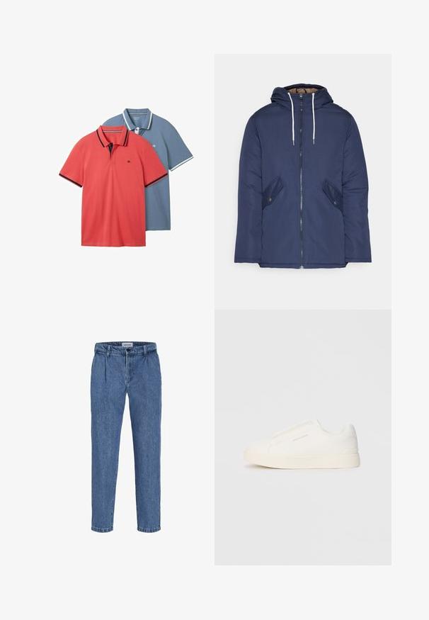 Giacca imbottita blu navy con cappuccio, dotata di zip frontale, due tasche laterali con bottoni e lacci bianchi.; Due polo shirt: uno corallo con rifiniture scure e uno azzurro chiaro con dettagli bianchi. Entrambi presentano maniche corte e un colletto classico.; Pantaloni in denim azzurro chiaro con taglio morbido, presentano un'alta vita, due pieghe frontali e un orlo con risvolto. Chiusura semplice con bottone e zip.; Sneakers bianchi slip-on con superficie texturizzata, suola spessa e design minimalista. Presentano il logo del marchio sul lato.