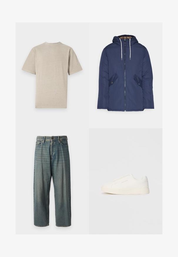 Sötétkék bélelt dzseki kapucnival, elülső cipzárral, két oldalsó zsebbel gombokkal és fehér húzózsinórokkal.; Rövid ujjú póló világos bézs színben, kerek nyakkal, puha anyagból készült, sima textúrával és grafikák nélküli egyszerű dizájnnal.; Világoskék farmernadrág, laza fazonnal, közepes derékbőséggel és egyenes szárral. Öt zsebet, övbucskát és gombos záródást tartalmaz.; Fehér slip-on sportcipők texturált felülettel, vastag talppal és minimalista dizájnnal. Az oldalon a márka logója található.