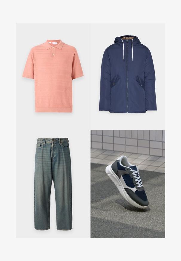 Σακάκι ναυτικού μπλε με επένδυση και κουκούλα, με φερμουάρ μπροστά, δύο πλάγιες τσέπες με κουμπιά και λευκές κορδόνες.; Πολυκομμένο μπλουζάκι με κοντά μανίκια σε ανοιχτό ροζ χρώμα με υφασμάτινα σχέδια και γιακά με δύο κουμπιά. Κατασκευασμένο από μαλακό, αναπνεύσιμο πλεκτό ύφασμα.; Ανοιχτό μπλε τζιν παντελόνι με χαλαρή γραμμή, μέση μέσου ύψους και ευθείες γραμμές. Περιλαμβάνει πέντε τσέπες, θηλιές ζώνης και κούμπωμα με κουμπί.; Αθλητικά παπούτσια με επάνω μέρος από ναυτικό μπλε διχτυωτό ύφασμα, γκρι σουέτ λεπτομέρειες, λευκή καουτσούκ σόλα και επίπεδα λευκά κορδόνια, σχεδιασμένα για άνεση και αερισμό.