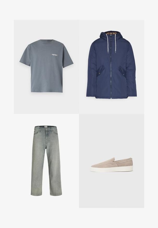 Jūras zila pufīgā jaka ar kapuci, kas aprīkota ar priekšējo rāvējslēdzēju, divām sānu kabatām ar pogām un baltiem aukliņām.; Pelēka kokvilnas t-kreklā ar īsām piedurknēm, uz kuras kreisajā krūšu pusē ir maza balta "ORIGINALS" logo. Vienkārša apaļa kakla dizains.; Gai pelēki, brīvi pieguļoši džinsi no denima. Iekļauj klasisku piecu kabatu dizainu, jostas cilpas un taisnu kāju siluetu.; Beige zamšādas slip-on apavi ar gludu tekstūru, noapaļotu purngalu un baltu gumijas zoli. Iezīmējas ar vienkāršu šuvumu gar augšējo daļu.