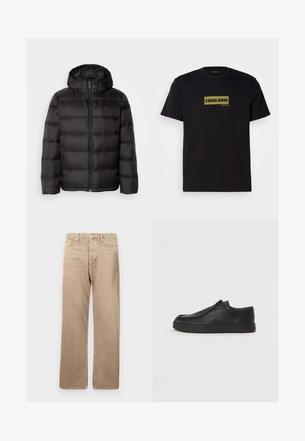 Zwarte pufferjack met capuchon, voorzien van een ritssluiting, een quilted ontwerp en zijzakken. Zachte textuur met een glanzende afwerking.; Zwarte katoenen T-shirt met korte mouwen, met een rechthoekig groen logo waarin de tekst "calvin klein" en "new york city" in vette letters staat.; Beige denim jeans met een rechte pasvorm, voorzien van vijf zakken, een knoopsluiting en contrasterende stiksels. Veneuze textuur en minimale slijtage.; Zwarte leren instapschoen met een ronde neus, gestikte details en een zwarte rubberen zool. Soepele textuur met een minimalistisch ontwerp.