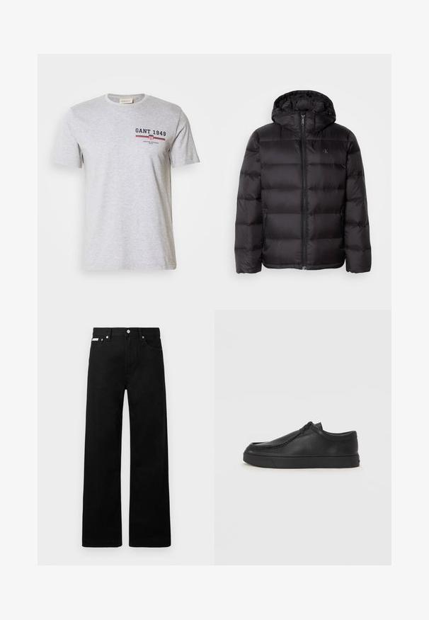 Czarna kurtka puchowa z kapturem, z zamkiem błyskawicznym, pikowanym wzorem i bocznymi kieszeniami. Miękka tekstura o błyszczącym wykończeniu.; Szara bawełniana koszulka z krótkim rękawem, okrągłym dekoltem i nadrukowanym tekstem w granatowym i czerwonym kolorze. Zawiera logo oraz poziome paski.; Czarne dżinsowe spodnie o szerokim kroju, z pięcioma kieszeniami i metalowymi guzikami. Gładka tekstura, bez widocznych wzorów.; Czarne skórzane buty wsuwane z okrągłym noskiem, przeszyciami i czarną gumową podeszwą. Gładka faktura z minimalistycznym wzornictwem.