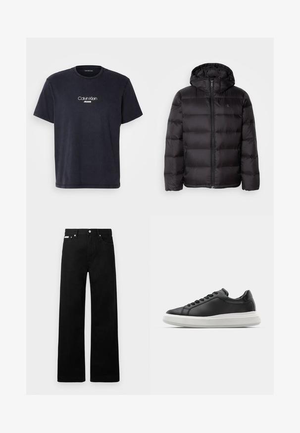 Chaqueta de plumas negra con capucha, que cuenta con cierre de cremallera, diseño acolchado y bolsillos laterales. Textura suave con un acabado brillante.; Camiseta de algodón azul marino con mangas cortas, cuello redondo y logo en blanco de "Calvin Klein Jeans" impreso en el pecho.; Pantalones de mezclilla negros con un diseño de pierna ancha, que cuentan con cinco bolsillos y herrajes de botón metálico. Textura suave, sin patrones visibles.; Deportivas de cuero negro con un acabado suave, suela de goma blanca, forma redondeada, seis ojales para los cordones y un diseño sutil en el talón.