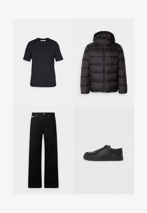 Zwarte pufferjack met capuchon, voorzien van een ritssluiting, een quilted ontwerp en zijzakken. Zachte textuur met een glanzende afwerking.; Zwarte korte mouwen t-shirt van zachte stof, met een ronde halslijn en een rechte zoom, zonder patronen of zichtbare merkvermeldingen.; Zwarte spijkerbroek met een wijd uitlopende pasvorm, voorzien van vijf zakken en metallic knopen. Gladde textuur, geen zichtbare patronen.; Zwarte leren instapschoen met een ronde neus, gestikte details en een zwarte rubberen zool. Soepele textuur met een minimalistisch ontwerp.