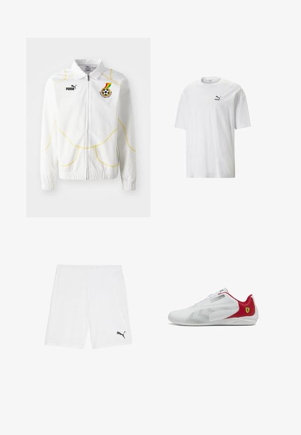 Weißer Zip-Up-Jacke mit gelber geometrischer Naht. Verfügt über das Puma-Logo und das Emblem des Ghana Football Association auf der linken Brust. Elastische Bündchen.; Weißes Baumwoll-T-Shirt mit Rundhalsausschnitt und kurzen Ärmeln. Verfügt über ein kleines schwarzes Puma-Logo auf der linken Brust. Glatte Textur, lässiger Schnitt.; Weiße Sportshorts aus leichtem Material, mit einem elastischen Bund und einem kleinen schwarzen Logo auf der unteren linken Seite.; Weiße Sportschuhe mit glatter Textur, roten Akzenten, perforierten Details und einem silbernen Akzent nahe den Schnürsenkeln; mit Ferrari-Logo an der Ferse.