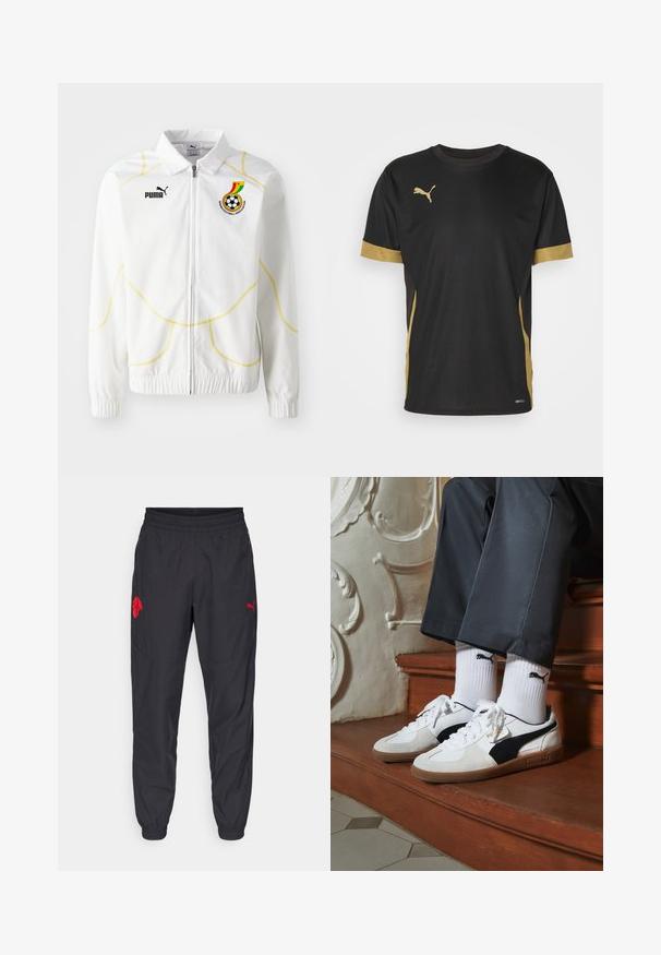 Giacca bianca con zip e cuciture geometriche gialle. Presenta il logo Puma e l'emblema della Federazione calcistica del Ghana sul lato sinistro del petto. Polsini elasticizzati.; T-shirt sportivo nero con dettagli dorati sulle maniche e sui fianchi. Presenta un colletto rotondo, maniche corte e tessuto traspirante DRYCELL.; Pantaloni sportivi neri con vita elastica, polsini aderenti e dettagli in logo rosso. Presentano un tessuto leggero e liscio e un design affusolato.; Sneakers Puma in suede bianco e nero, con suola in gomma marrone. Abbinati a calzini bianchi con logo nero, indossati con pantaloni scuri.