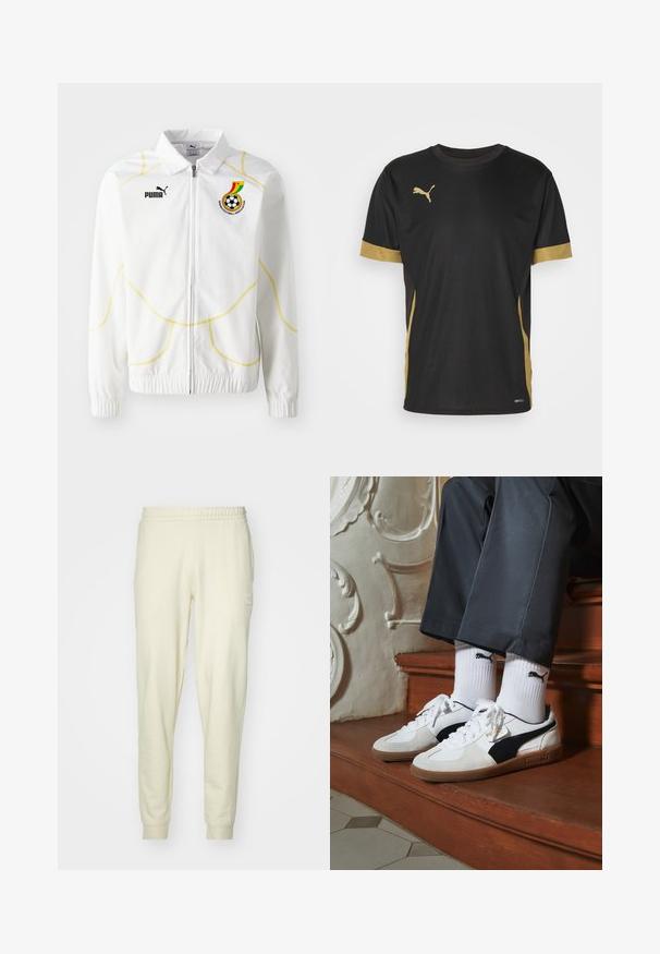 Fehér, cipzáros dzseki sárga geometrikus varrással. A bal mellen található Puma logó és a Ghánai Labdarúgó Szövetség emblémája. Rugalmas mandzsetták.; Fekete sportpóló arany díszítéssel az ujjakon és az oldalon. Kerek nyakkivágással, rövid ujjakkal és nedvességelvezető DRYCELL anyagból készült.; Krém színű melegítőnadrág, puha anyagból, rugalmas derékkal és mandzsettával. A bal csípőn egy kis logópatc található.; Fehér és fekete velúr Puma sportcipők, barna gumitalppal. Fehér zoknival párosítva, amely fekete logót visel, sötét nadrággal kombinálva.