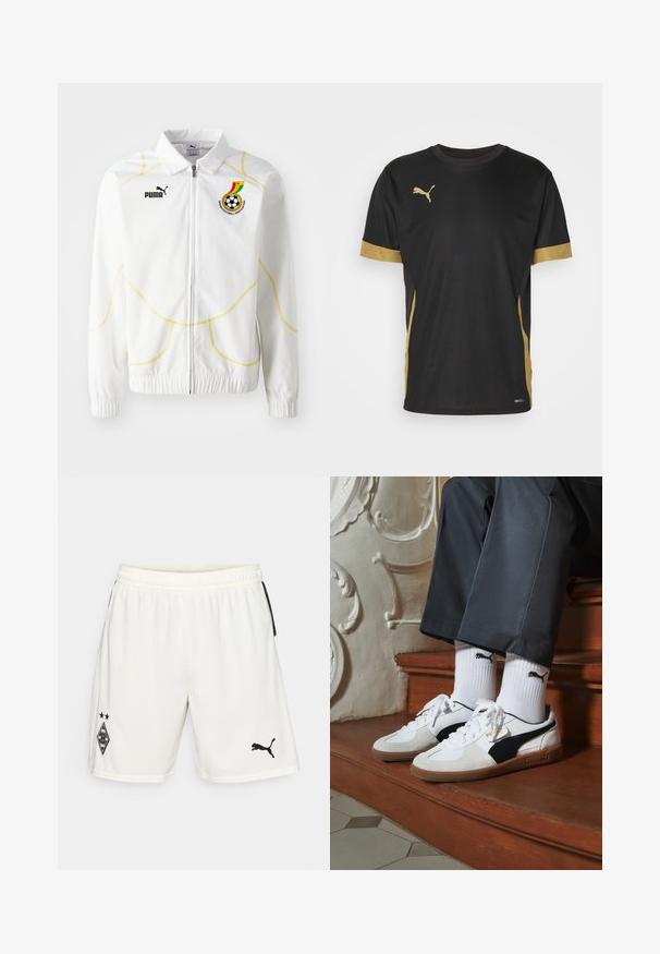 Fehér, cipzáros dzseki sárga geometrikus varrással. A bal mellen található Puma logó és a Ghánai Labdarúgó Szövetség emblémája. Rugalmas mandzsetták.; Fekete sportpóló arany díszítéssel az ujjakon és az oldalon. Kerek nyakkivágással, rövid ujjakkal és nedvességelvezető DRYCELL anyagból készült.; Fehér sport rövidnadrág könnyű szövetből, fekete logóval a bal lábon és fekete oldalsó díszítéssel. Rugalmas derékpánttal ellátva.; Fehér és fekete velúr Puma sportcipők, barna gumitalppal. Fehér zoknival párosítva, amely fekete logót visel, sötét nadrággal kombinálva.