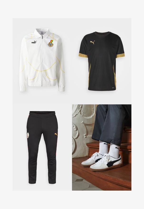 Fehér, cipzáros dzseki sárga geometrikus varrással. A bal mellen található Puma logó és a Ghánai Labdarúgó Szövetség emblémája. Rugalmas mandzsetták.; Fekete sportpóló arany díszítéssel az ujjakon és az oldalon. Kerek nyakkivágással, rövid ujjakkal és nedvességelvezető DRYCELL anyagból készült.; Fekete melegítőnadrág piros oldalsó kiegészítőkkel, fehér logóval és sárga Puma logóval. Puha, rugalmas anyagból készült.; Fehér és fekete velúr Puma sportcipők, barna gumitalppal. Fehér zoknival párosítva, amely fekete logót visel, sötét nadrággal kombinálva.