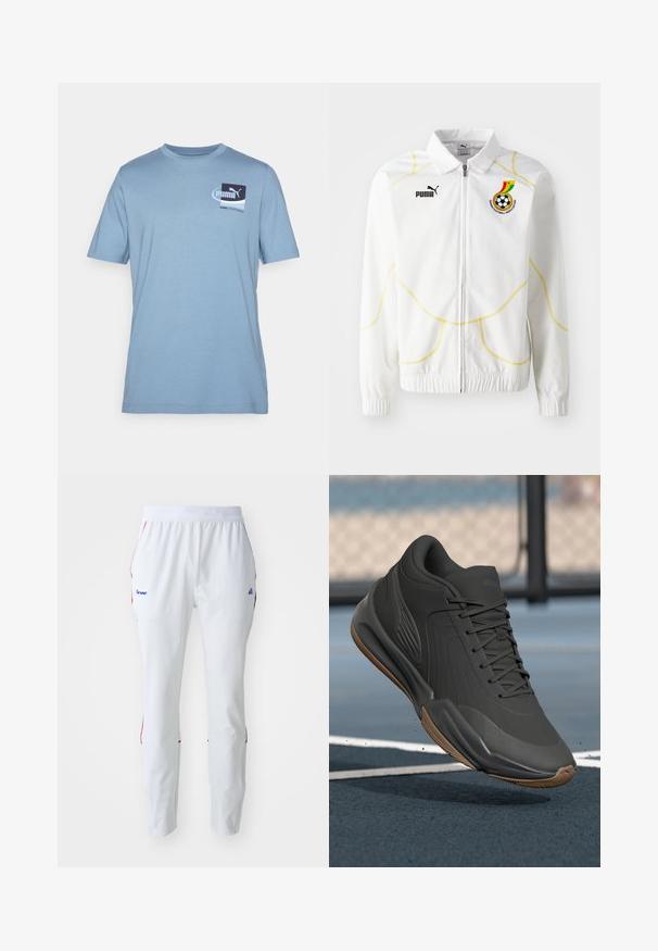 Biela zipsová bunda so žltým geometrickým prešitím. Na ľavom hrudníku sa nachádza logo Puma a erb Ghanskej futbalovej asociácie. Elastické manžety.; Svetlomodré bavlnené tričko s krátkymi rukávmi, s obdĺžnikovým návrhom loga v tmavomodrej a bielej farbe na ľavej strane hrude.; Biele športové nohavice s elastickým pásom, s červenými a modrými detailmi na bočných švoch a logom na prednej ľavej strane bedra.; Čierne športové topánky s hladkým syntetickým zvrškom, textúrovanými akcentmi a gumovou podrážkou, navrhnuté pre výkon a komfort.