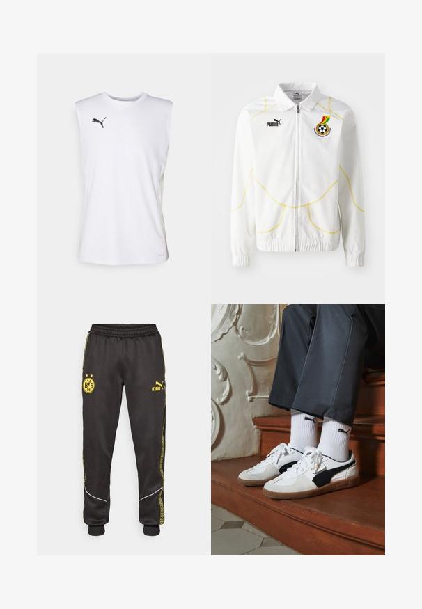 Witte ritssluitingjack met gele geometrische stiksel. Bevat het Puma-logo en het embleem van de Ghana Football Association op de linkerborst. Elastische manchetten.; Witte mouwloze sportshirt met ronde halslijn, lichtgewicht stof, zwart Puma-logo op de borst en mesh zijpanelen voor ademend vermogen.; Zwarte sportbroeken met gele logos van Borussia Dortmund BVB 09 en Puma King, een elastische tailleband en gestreepte gele zijpanelen.; Puma sneakers in wit en zwart suède, met een bruine rubberen zool. Gecombineerd met witte sokken met een zwart logo, gedragen met donkere broek.
