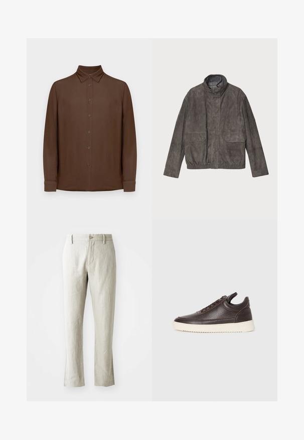 Giacca grigia in camoscio con colletto alto, due tasche frontali e orlo elasticizzato. Presenta una texture liscia e un design dal fit rilassato.; Camicia marrone a maniche lunghe con bottoni, colletto e polsini, esposta in piano su uno sfondo bianco.; Pantaloni in lino beige chiaro con taglio dritto, sottile texture, chiusura frontale con bottone e due tasche laterali. Progettati per una silhouette pulita.; Sneaker in pelle texturizzata marrone scuro con lacci davanti e suola in gomma bianca rigata su uno sfondo chiaro semplice.