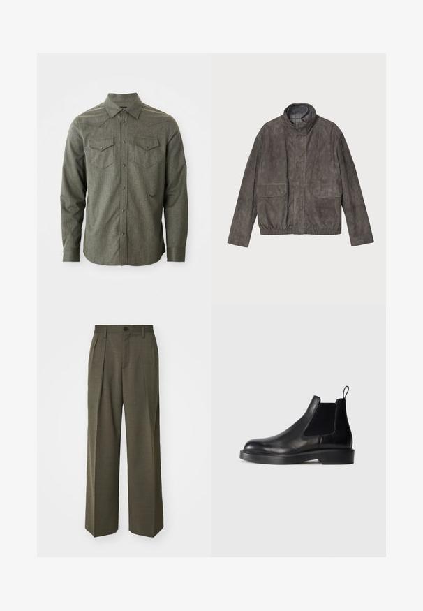Siva jakna od antilopa s visokim ovratnikom, dva prednja dzepa i elastičnim rubom. Ima glatku teksturu i dizajn s opuštenim krojem.; Zelena, dugih rukava, košulja na dugmad od teksturirane tkanine. Sadrži dva džepa na prsima i ovratnik s oštrim rubovima s detaljem od zapadnjačkog jastučića.; Filippa K WIDE TROUSERS - Hlače - driftwood; Crne kožne Chelsea čizme s elastičnim bočnim panelima, zaobljenim vrhom, ravnim gumennim đonom i uvučenom petom na stražnjem dijelu. Glatka tekstura.
