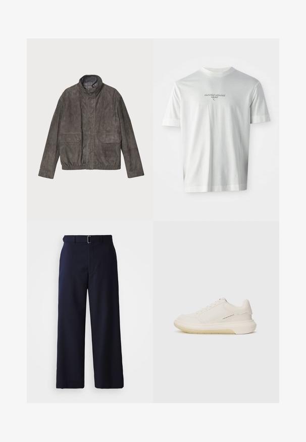 Hedvábně šedá koženka s vysokým límcem, dvěma předními kapsami a elastickým pasem. Vyznačuje se hladkou texturou a uvolněným střihem.; Bílý krátký rukáv tričko s logem "EMPORIO ARMANI MILANO" umístěným na hrudi v jemně vystouplém písmu.; Námořnické modré široké kalhoty vyrobené z texturovaného materiálu, s páskem se stříbrnou sponou a rovný střih, zvýrazněný čistými liniemi.; Bílé tenisky s hladkým koženým svrškem, kulatou špičkou a silnou gumovou podrážkou. Mají minimální prost stitching a nenápadný logo detail na boku.
