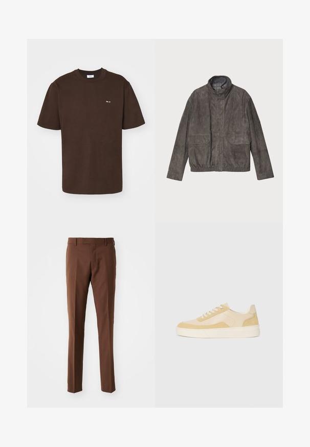 Jachetă gri din suede, cu guler înalt, două buzunare frontale și tiv elastic. Prezintă o textură netedă și un design cu o croială lejeră.; NN.07 ADAM EMB - Tricou basic - brown; Pantaloni tailored maronii, cu un design drept, față plată, textură netedă și bucle pentru curea. Fără modele vizibile sau detalii din metal.; Adidași din suede și piele galben deschis, cu o talpă moale și detalii cusute. Design clasic cu șireturi și vârf rotunjit.