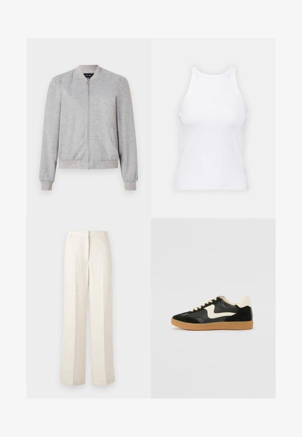Heled hall bomber-jakk, millel on täispikk tõmblukk ja ribiga mansetid, lihtsa disainiga. Ilma mustrite või kaunistusteta.; Valge ilma varrukateta T-särk, mis on valmistatud ribakangast, ümarate kaelustega ja kitseneva siluetiga, minimaalse õmbluste ning ilma kaunistusteta.; Hele heled valged laiad püksid, mis on valmistatud tekstuurilisest kootud kangast. Omab lamedat esiosa ja kahte külgmist kaldega taskut.; Must musta ja nahast sneakersid, millel on koorevärvi külgsuund ja hele koorik. Omab beeži paelu ja kummi kummist välistalla.