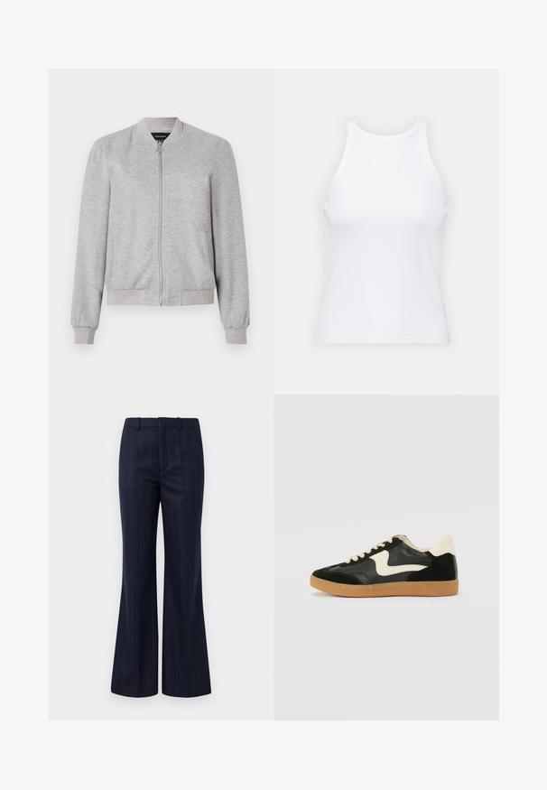 Light gray bomber jacket with a full zipper and ribbed cuffs, featuring a simple design. No patterns or embellishments.; White sleeveless tank top made of ribbed fabric, featuring a rounded neckline and a fitted silhouette, with minimal seams and no embellishments.; Navy pinstriped trousers with a flared leg design, made from a textured fabric, featuring a flat front and belt loops for a fitted look.; Black suede and leather sneaker with a cream side swoosh and light cream heel. Features beige laces and a gum rubber outsole.