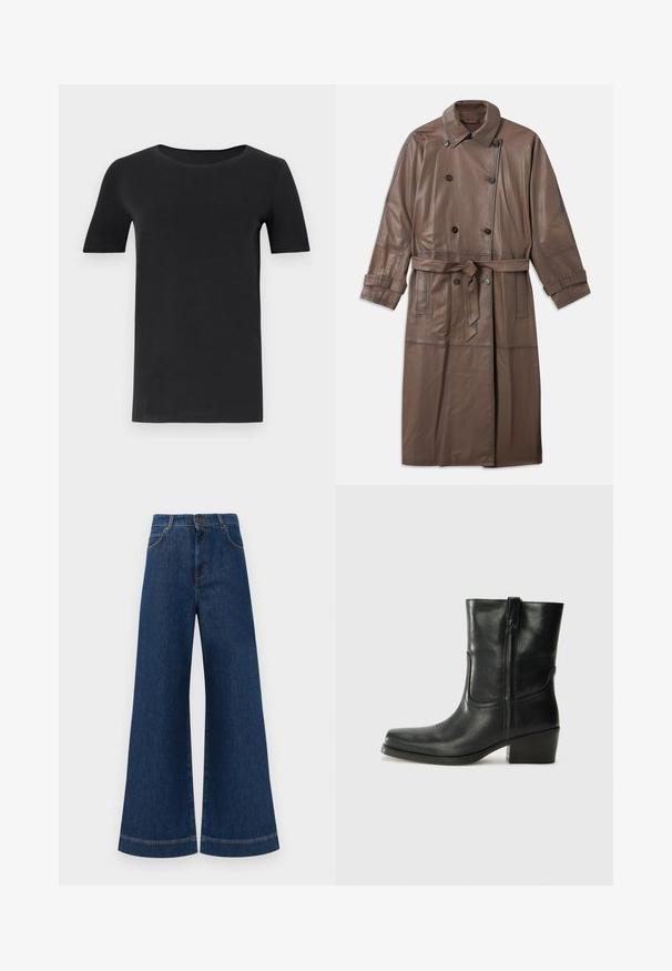 Cappotto trench in pelle marrone con design doppiopetto, vita con cintura e bottoni decorativi su colletto e maniche.; T-shirt nera a maniche corte realizzata in cotone morbido, con scollatura rotonda e vestibilità classica. Texture liscia, senza fantasie o decorazioni.; Jeans in denim blu a gamba larga con vita alta, dotati di chiusura a bottone, passanti per cintura e dettagli di cucitura sottili lungo le tasche e i orli.; Stivale ankle in pelle nera con punta arrotondata, tacco a blocco, cerniera laterale e dettagli in cucitura sulla tomaia. Texture liscia, design classico.