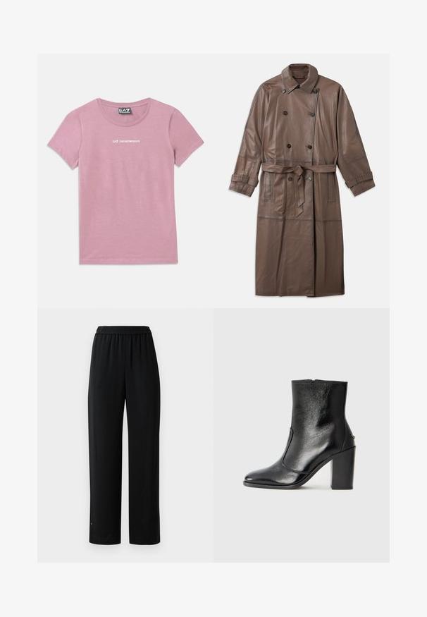 Abrigo de trench de cuero marrón con un diseño de doble botonadura, cintura ceñida con cinturón y adornos de botones en el cuello y las mangas.; Camiseta de manga corta rosa con cuello redondo y logo blanco "EA7 Emporio Armani" centrado en el pecho y etiqueta en el cuello.; Pantalones de pierna ancha negros hechos de una tela suave con una cintura elástica. Presentan un corte recto y un diseño minimalista. Adecuados para el uso diario.; Botín negro de cuero con textura suave, puntera puntiaguda y un tacón alto y robusto. Presenta una apertura lateral y un diseño minimalista.