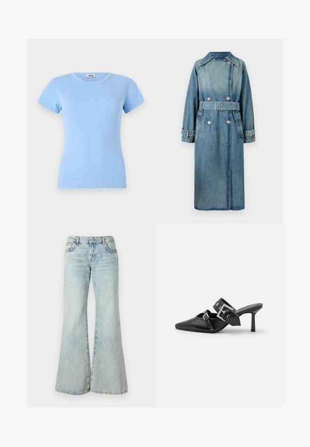 Džínový trenčkot ve světle modré barvě. Má límec, dvouřadé zapínání, páskový pas a manžety na knoflíky s detailním prošíváním.; Černý krátký svetr s výstřihem do V, žebrovaným lemem a dlouhými rukávy. Obsahuje malý texturovaný detail srdce na hrudi. Vyrobeno z měkkého materiálu.; Světle modré tričko s krátkým rukávem vyrobené z žebrované látky; má kulatý výstřih a přiléhavý střih.; Světle modré zvonové džíny vyrobené z denimu, s vysokým pasem, kapsami a roztrhanými lemy. Tkanina má vybledlý omak a jemnou strukturu.; Černé muly na vysokém podpatku s špičatou špičkou, vyrobené z hladké kůže. Mají široký pás kolem kotníku se čtvercovou stříbrnou sponou a cvočky.