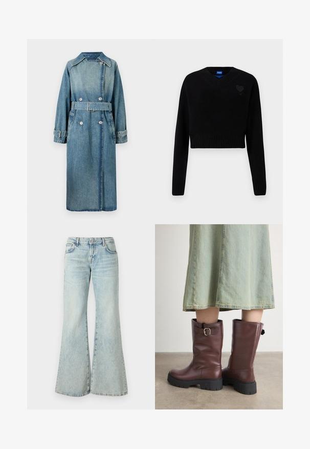 Gabardina de denim en azul claro. Presenta un cuello, diseño de doble botonadura, cintura ceñida con cinturón y puños abotonados con costuras detalladas.; Suéter negro corto con cuello en V, dobladillo acanalado y mangas largas. Presenta un pequeño detalle de corazón texturizado en el pecho. Hecho de material suave.; Jeans acampanados de un azul claro, hechos de denim, con una cintura alta, bolsillos y dobladillos deshilachados. La tela presenta un lavado desvanecido y una textura sutil.; Botas de cuero marrón hasta la rodilla con un acabado texturizado, que presentan un detalle de hebilla lateral y suelas de goma negra gruesas.