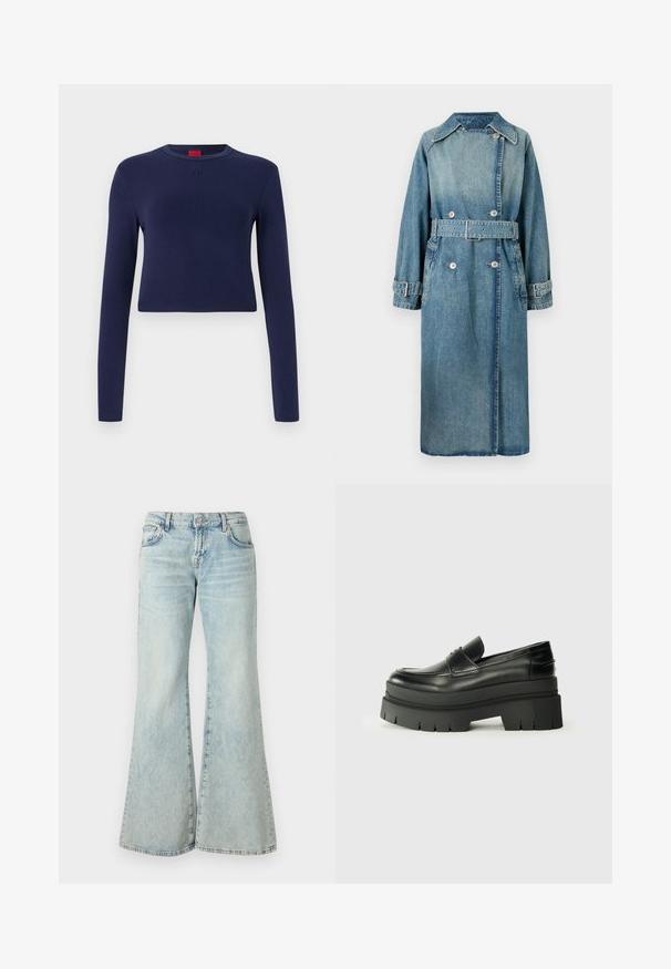 Džínový trenčkot ve světle modré barvě. Má límec, dvouřadé zapínání, páskový pas a manžety na knoflíky s detailním prošíváním.; Námorně modrý zkrácený top s dlouhým rukávem vyrobený z měkké látky, se zaobleným výstřihem a vyraženým logem na prsou.; Světle modré zvonové džíny vyrobené z denimu, s vysokým pasem, kapsami a roztrhanými lemy. Tkanina má vybledlý omak a jemnou strukturu.; Černé kožené loafers s robustní platformovou podrážkou. Kulatá špička, přední šev a jemné akcenty prošití. Plochá, texturovaná podrážka.