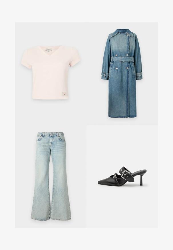 Džínový trenčkot ve světle modré barvě. Má límec, dvouřadé zapínání, páskový pas a manžety na knoflíky s detailním prošíváním.; Růžové žebrové tričko s krátkým rukávem a výstřihem do V s logem CK na dolní levé straně, vyrobené z měkkého bavlněného materiálu.; Světle modré zvonové džíny vyrobené z denimu, s vysokým pasem, kapsami a roztrhanými lemy. Tkanina má vybledlý omak a jemnou strukturu.; Černé muly na vysokém podpatku s špičatou špičkou, vyrobené z hladké kůže. Mají široký pás kolem kotníku se čtvercovou stříbrnou sponou a cvočky.