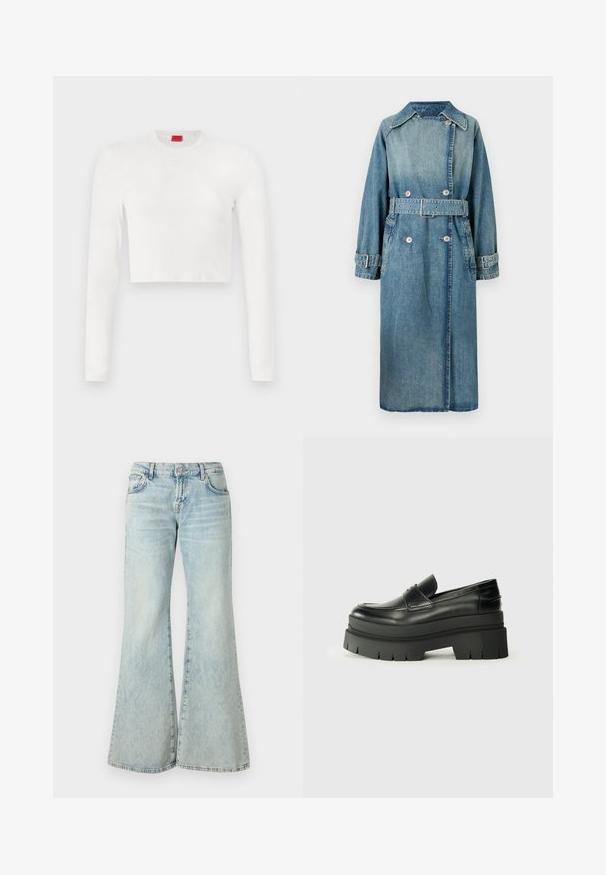 Denim-Trenchcoat in Hellblau. Verfügt über einen Kragen, ein doppelt knöpfbares Design, eine taillierte Passform mit Gürtel und geknöpfte Bündchen mit detaillierter Naht.; Weißes, kurz geschnittenes Langarmtop aus glattem Stoff. Verfügt über einen runden Ausschnitt und ein dezentes Logodetail auf der Brust.; Hellblaue Schlagjeans aus Denim, mit hoher Taille, Taschen und ausgefransten Säumen. Der Stoff hat eine verblasste Waschung und eine subtile Textur.; Schwarze Lederloafer mit einer klobigen Plateausohle. Abgerundete Spitze, Nahtdetail auf der Vorderseite und dezente Nähte. Flache, strukturierte Außensohle.