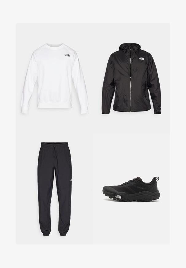 Sort vandtæt jakke i letvægtsstof. Har en lynlåslukning foran, justerbar hætte og logopræget på brystet. Inkluderer elastiske manchetter.; Hvid sweatshirt med rund hals, lange raglanærmer, ribbede manchetter og kant, med et lille sort logo på venstre øverste bryst.; Sorte atletiske bukser lavet af letvægtsstof, med en snor i taljen, sidelommer og tapered manchetter ved anklerne.; Sort trail løbesko med en struktureret overdel, gummisål og forstærket tåhætte. Har en polstret krave og en pull-tab til nem påtagning.