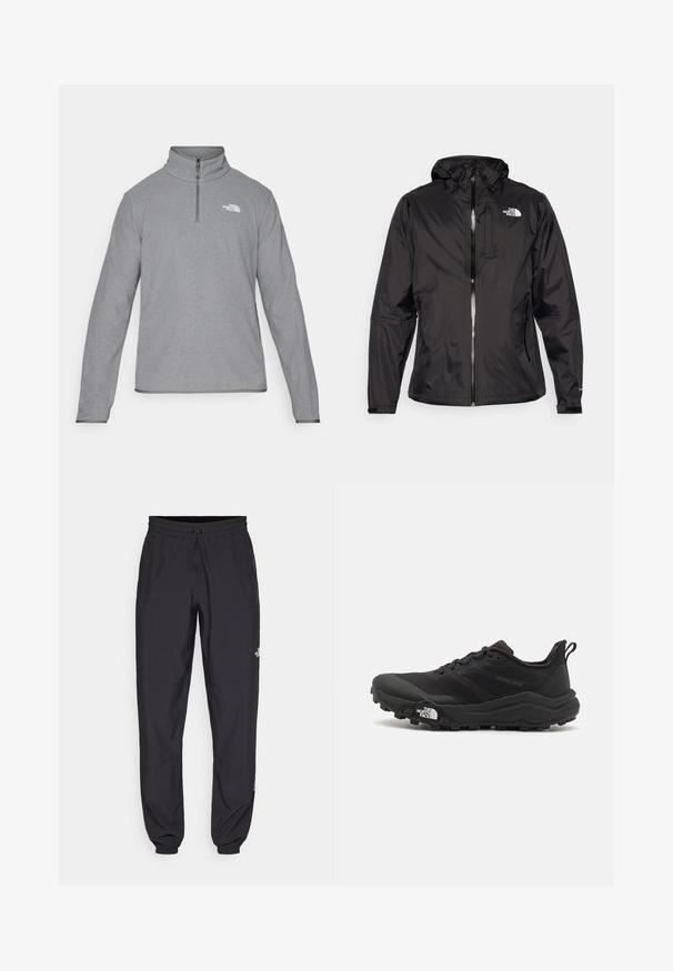 Čierna nepremokavá bunda z ľahkej tkaniny. Obsahuje zips na prednej strane, nastaviteľnú kapucňu a logo na hrudi. Zahŕňa elastické manžety.; The North Face M GLACIER FLEECE 1/4 ZIP JACKET - Flísová bunda - grey heather; Čierne športové nohavice vyrobené z ľahkej tkaniny, s elastickým pásom na šnurovanie, bočnými vreckami a zúženými manžetami na členkoch.; Čierne trailové behacie topánky s štruktúrovaným zvrškom, gumovou podrážkou a vystuženou špičkou. Obsahuje polstrovaný golier a úchyt na jednoduché obúvanie.