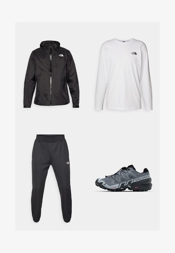 Black waterproof jacket in lightweight fabric. Features a zippered front, adjustable hood, and logo accent on the chest. Elastic cuffs included.; White long-sleeve T-shirt made of cotton with a crew neck. Features a small black logo on the chest. Smooth texture, regular fit.; Black sweatpants with a drawstring waist, tapered fit, elastic cuffs, and a small white logo on the left thigh, made from smooth fabric.; Gray trail running shoe with a textured upper, black accents, a low silhouette, and multi-directional lugs on the outsole for traction.