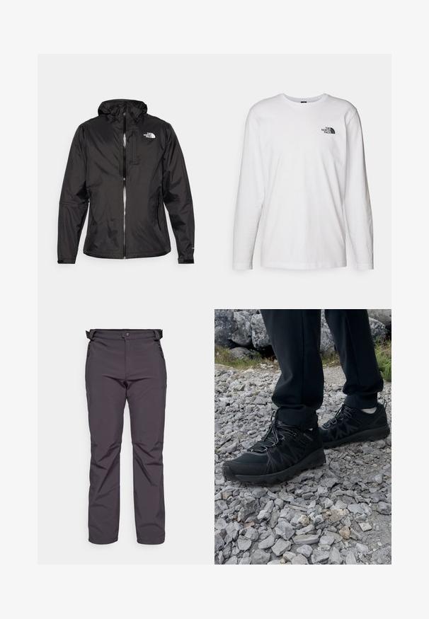 Chaqueta impermeable negra de tejido ligero. Cuenta con un cierre frontal con cremallera, capucha ajustable y acento de logo en el pecho. Incluye puños elásticos.; Camiseta de manga larga blanca de algodón con cuello redondo. Presenta un pequeño logotipo negro en el pecho. Textura suave, corte regular.; CMP MAN LONG PANT - Pantalones montañeros largos - antracite; Zapatos exteriores negros con malla y material sintético, que presentan un upper texturizado, un sistema de cordones seguro y una suela robusta, sobre terreno rocoso.