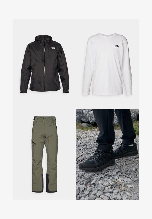 Veste imperméable noire en tissu léger. Dotée d'une fermeture éclair sur le devant, d'une capuche réglable et d'un logo sur la poitrine. Manches élastiques incluses.; T-shirt blanc à manches longues en coton avec un col rond. Présente un petit logo noir sur la poitrine. Texture lisse, coupe régulière.; Pantalons de ski vert olive fabriqués en tissu imperméable, dotés d'une fermeture à double bouton, de poches zippées sur les côtés et d'accents noirs sur le bas des jambes.; Chaussures d'extérieur noires en matériau synthétique et en maille, présentant une tige texturée, un système de lacets sécurisé et une semelle extérieure robuste, sur un terrain rocailleux.