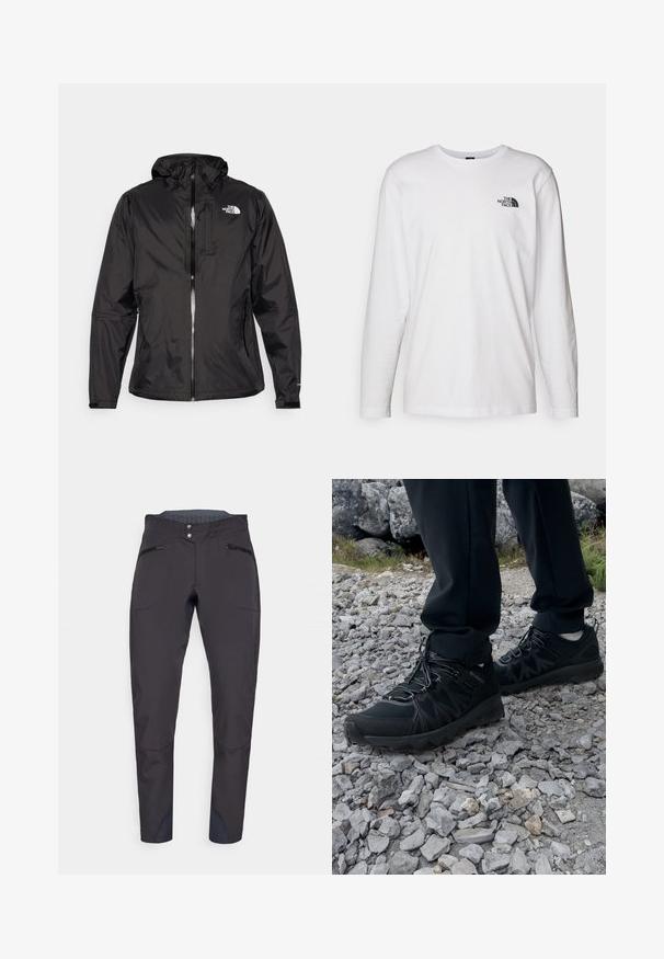 Czarna wodoodporna kurtka z lekkiego materiału. Posiada zamek z przodu, regulowany kaptur oraz akcent z logo na piersi. Wbudowane elastyczne mankiety.; Biała koszulka z długim rękawem wykonana z bawełny, z okrągłym dekoltem. Posiada małe czarne logo na piersi. Gładka faktura, regularny krój.; Czarne spodnie techniczne o slim fit, z zapinanymi na zamek kieszeniami z przodu, wzmocnionymi strefami na kolana i teksturowanym pasem.; Czarne buty outdoorowe wykonane z siateczki i materiału syntetycznego, z fakturowaną cholewką, zabezpieczonym systemem sznurowania i solidną podeszwą, na skalistym terenie.