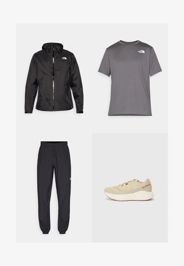 Jachetă neagră impermeabilă dintr-un material ușor. Are un fermoar frontal, glugă ajustabilă și un accent logo pe piept. Include manșete elastice.; Tricou sportiv gri cu maneci scurte, realizat dintr-un material neted și ușor. Dispune de un logo alb pe partea stângă a pieptului. Design cu guler rotund.; Pantaloni atletici negri, confecționați dintr-un material ușor, cu un tiv elastic la talie, buzunare laterale și tivuri ajustate la gleznă.; Adidași bej pentru alergare, cu un superior din plasă texturată, design cu șireturi, guler căptușit și talpă intermediară albă, având o talpă exterioară cu model.