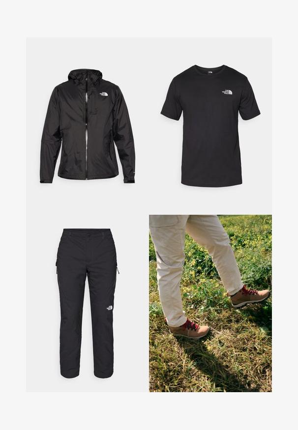 Chaqueta impermeable negra de tejido ligero. Cuenta con un cierre frontal con cremallera, capucha ajustable y acento de logo en el pecho. Incluye puños elásticos.; Camiseta negra de manga corta, hecha de algodón, con un cuello redondo y un pequeño logo blanco en la parte superior izquierda del pecho.; The North Face WINTER EXPLORATION TAPERED CARGO - Pantalones montañeros largos - black; Botas de senderismo marrones con cordones rojos, suelas de goma y un cuello acolchado, llevadas con pantalones color crema, pisando un terreno cubierto de hierba.