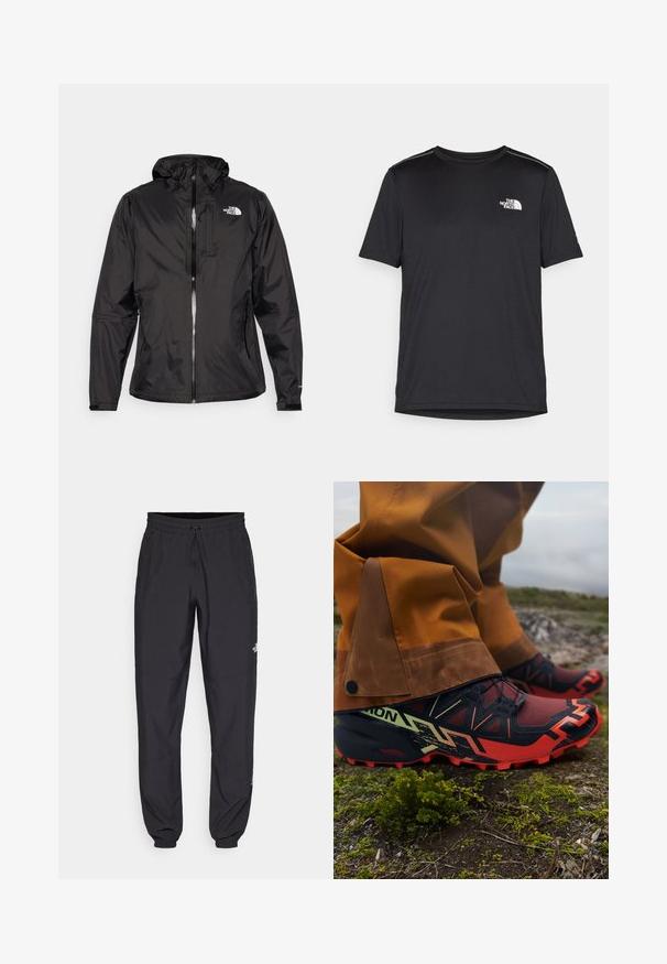 Fekete vízálló dzseki könnyű anyagból. Cipzáros előlappal, állítható kapucnival és logóval az emlőrészen. Rugalmas mandzsetták is találhatók rajta.; Fekete, rövid ujjú póló, könnyű anyagból készült. Bal mellen egy kis fehér logó található, és finom vállrész kiemelések.; Fekete sportnadrág, könnyű anyagból készült, húzózsinóros derékkal, oldalsó zsebekkel és szűkített szárakkal a bokáknál.; Futócipők terepfutáshoz fekete, piros és sárga színkombinációban. Háló felsőrész, texturált talp és elasztikus fűző a biztos illeszkedés érdekében.