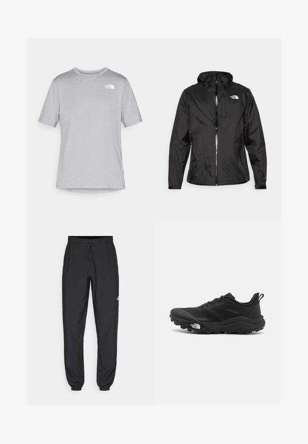 Svart vanntett jakke i lett stoff. Har glidelås foran, justerbar hette og logo på brystet. Elastiske mansjetter inkludert.; Grå kortermet t-skjorte med rund hals, laget av lett materiale, med en liten hvit logo på venstre bryst. Slank tekstur.; Sorte idrettsbukser laget av lett stoff, med snor i livet, sidelommer og smale mansjetter ved anklene.; Svart terrengløpesko med teksturert overdel, gummisåle og forsterket tåhette. Har polstret krage og løftestropp for enkel påkledning.