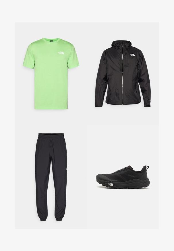 Svart vattentät jacka i lättviktsmaterial. Utrustad med dragkedja fram, justerbar huva och logotypdetalj på bröstet. Elastiska ärmslut ingår.; Ljusgrön bomulls-T-shirt med rund halsringning och korta ärmar. Har en vit logotyp på vänster bröst. Slät textur, avslappnad passform.; Svarta träningsbyxor tillverkade av lättviktsmaterial, med dragsko i midjan, sidofickor och avsmalnande muddar vid anklarna.; Svart terränglöparsko med en strukturerad ovandel, gummisula och förstärkt tåhätta. Har en vadderad krage och en dragflik för enkel påtagning.