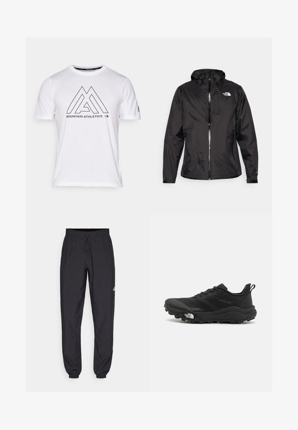 Čierna nepremokavá bunda z ľahkej tkaniny. Obsahuje zips na prednej strane, nastaviteľnú kapucňu a logo na hrudi. Zahŕňa elastické manžety.; Biela tričko s krátkym rukávom a čiernym geometrickým logom s nápisom "MOUNTAIN ATHLETICS" na prednej strane. Vyrobené z hladkého, ľahkého materiálu.; Čierne športové nohavice vyrobené z ľahkej tkaniny, s elastickým pásom na šnurovanie, bočnými vreckami a zúženými manžetami na členkoch.; Čierne trailové behacie topánky s štruktúrovaným zvrškom, gumovou podrážkou a vystuženou špičkou. Obsahuje polstrovaný golier a úchyt na jednoduché obúvanie.
