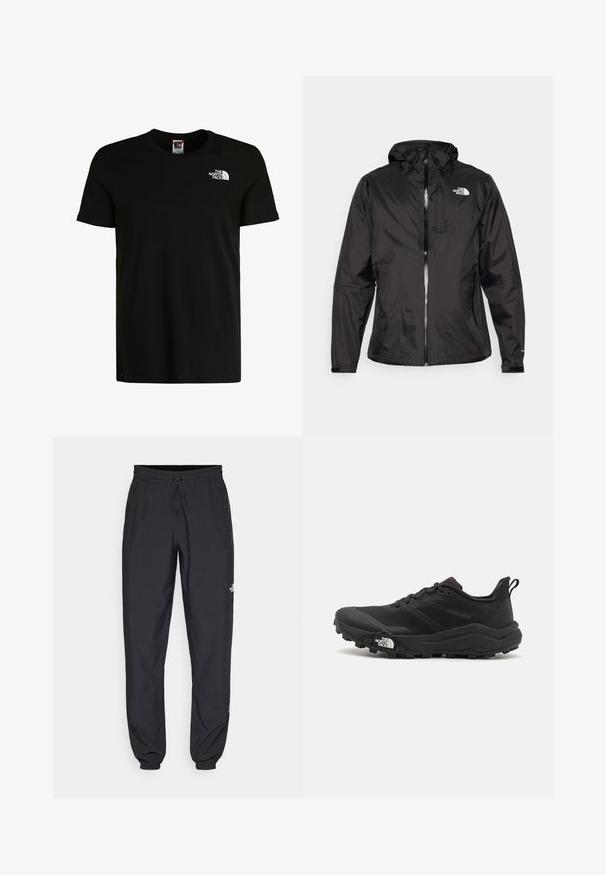 Schwarze wasserdichte Jacke aus leichtem Material. Verfügt über einen Reißverschluss vorne, eine verstellbare Kapuze und einen Logo-Akzent auf der Brust. Mit elastischen Bündchen.; Schwarzes T-Shirt mit kurzen Ärmeln aus Baumwolle und Rundhalsausschnitt, mit einem weißen Logo auf der linken Brust. Einfaches, schmuckloses Design.; Schwarze Sporthosen aus leichtem Stoff, mit einem Kordelzugbund, seitlichen Taschen und schmal zulaufenden Bündchen an den Knöcheln.; Schwarzer Trailrunning-Schuh mit strukturiertem Obermaterial, Gummisohle und verstärkter Zehenkappe. Verfügt über einen gepolsterten Kragen und eine Ziehlasche für einfaches Anziehen.