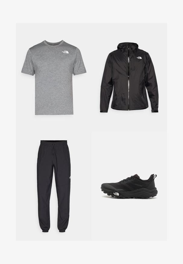 Musthave mustus jakk mustus, kerge kangaga. Omab lukuga esi- ja reguleeritavat kapuutsi ning rinnal logot. Lisatud elastsed mansetid.; Hallide hallaste varrukatega t-särk, mis on valmistatud tekstuursetest kangast. Funktsioonid ümara kaelusega ja väike valge logo vasakul ülal. ; Mustavad sportlikud püksid, mis on valmistatud kergest kangast, joonlauaga taljest, küljetaskudega ja kitsenevate varrukatega pahkluude juures.; Must tume jooksujalats musta värvi, tekstuurse ülemise osaga, kummist tallaga ja tugevdatud varbaga. Omab pehmendusega krae ja tõmblinti mugavaks selga panemiseks.