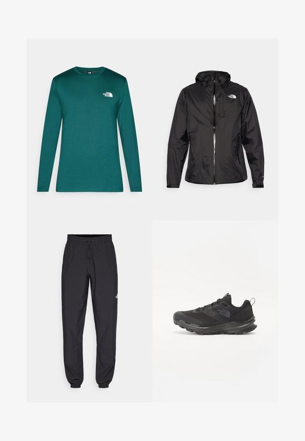 Zwarte waterdichte jas van lichtgewicht stof. Voorzien van een ritssluiting aan de voorkant, verstelbare capuchon en logo-accent op de borst. Inclusief elastische manchetten.; T-shirt met lange mouwen en ronde hals in teal, gemaakt van zachte stof met een wit logo op de linkerborst. Eenvoudig en onopvallend ontwerp.; Zwarte sportieve broek gemaakt van lichtgewicht stof, met een trekkoord in de taille, zijzakken en taps toelopende boorden bij de enkels.; Zwarte sportieve sneaker met een bovenkant van mesh, rubberen zool en een zachte kraag. Voorzien van veters, een logo op de zijkant en een gestructureerd ontwerp.