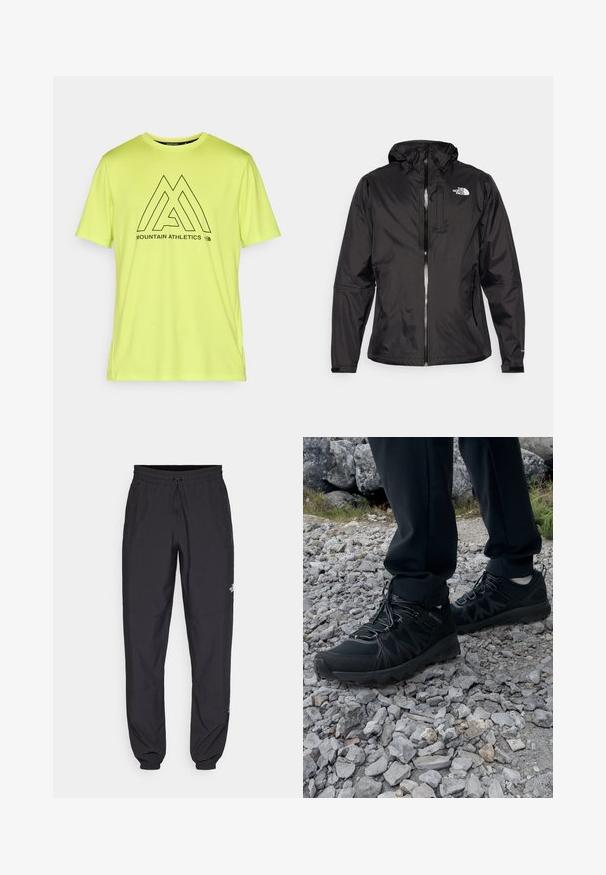 Černá voděodolná bunda z lehkého materiálu. Vybavena zipem vpředu, nastavitelnou kapucí a akcentem loga na hrudi. Součástí jsou elastické manžety.; Světlé neonově žluté sportovní tričko vyrobené z měkké tkaniny, s černým grafickým designem a textem a logem "MOUNTAIN ATHLETICS".; Černé sportovní kalhoty vyrobené z lehké tkaniny, s páskem na šňůrku, bočními kapsami a zúženými manžetami na kotnících.; Černé venkovní boty z prodyšného a syntetického materiálu, s texturovaným svrškem, bezpečným šněrovacím systémem a robustní podrážkou, na skalnatém terénu.