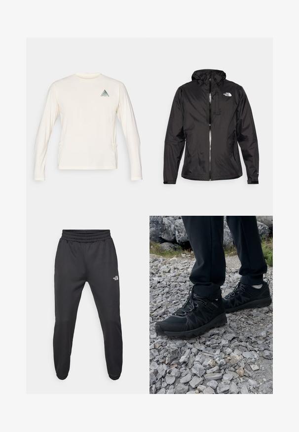 Black waterproof jacket in lightweight fabric. Features a zippered front, adjustable hood, and logo accent on the chest. Elastic cuffs included.; Long-sleeve cream shirt made of soft fabric, featuring a triangular graphic patch on the left chest and side pockets.; Black sweatpants with a drawstring waist, tapered fit, elastic cuffs, and a small white logo on the left thigh, made from smooth fabric.; Black outdoor shoes with mesh and synthetic material, featuring a textured upper, secured lacing system, and a rugged outsole, on rocky terrain.