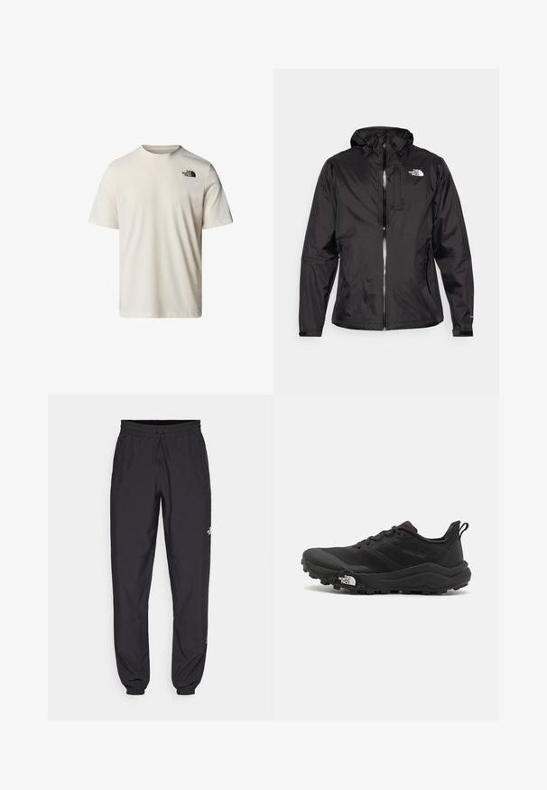 Czarna wodoodporna kurtka z lekkiego materiału. Posiada zamek z przodu, regulowany kaptur oraz akcent z logo na piersi. Wbudowane elastyczne mankiety.; Beżowy t-shirt z krótkim rękawem, wykonany z bawełny, z okrągłym dekoltem i małym czarnym logo na górnej lewej części klatki piersiowej. Gładka faktura.; Czarne spodenki sportowe wykonane z lekkiego materiału, z elastycznym pasem na sznurek, bocznymi kieszeniami i zwężanymi mankietami przy kostkach.; Czarne buty do biegania w terenie z teksturowaną cholewką, gumową podeszwą i wzmocnionym noskiem. Posiadają wyściełany kołnierz oraz uchwyt do łatwego zakładania.