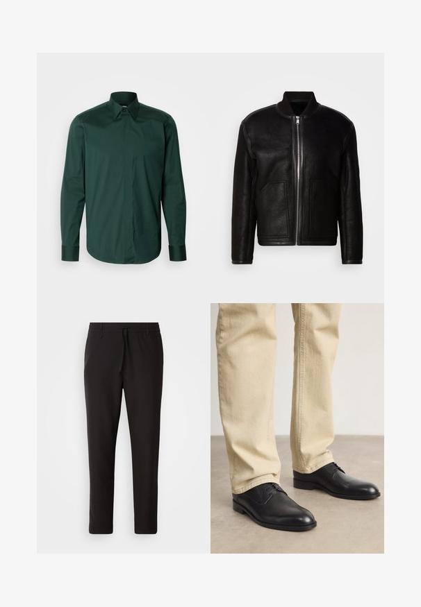 Jachetă bomber din blană sintetică neagră cu fermoar în față, guler rib și două buzunare mari în față.; Cămașă butonată cu mâneci lungi, de culoare verde închis, fabricată din bumbac fin, având guler și manșete ascuțite, cu un croi drept și detalii minime.; Pantaloni de jogging negri, confecționați dintr-un material neted. Prezintă un talie elastică cu șnur, picioare conice și fără buzunare vizibile. Design simplu.; Pantofi din piele neagră, cu șireturi, vârf rotund, finisaj neted și detalii de broderie subtile, purtați cu pantaloni bej deschis.