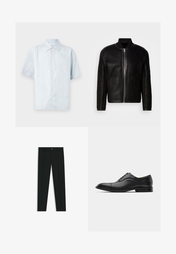 Giubbotto bomber in shearling nero con zip frontale, colletto a costine e due grandi tasche anteriori.; Camicia azzurro chiaro a maniche corte con un sottile motivo a foglie, chiusura con bottoni e colletto classico, realizzata in un tessuto liscio e strutturato.; Pantaloni neri in tessuto lisci, con design a gamba dritta. Presentano una chiusura frontale con bottone e passanti per cintura. Senza fantasie.; Scarpa da uomo in pelle nera con texture liscia, punta arrotondata e cinque occhielli. Presenta un tacco basso impilato e dettagli di cucitura sottili.