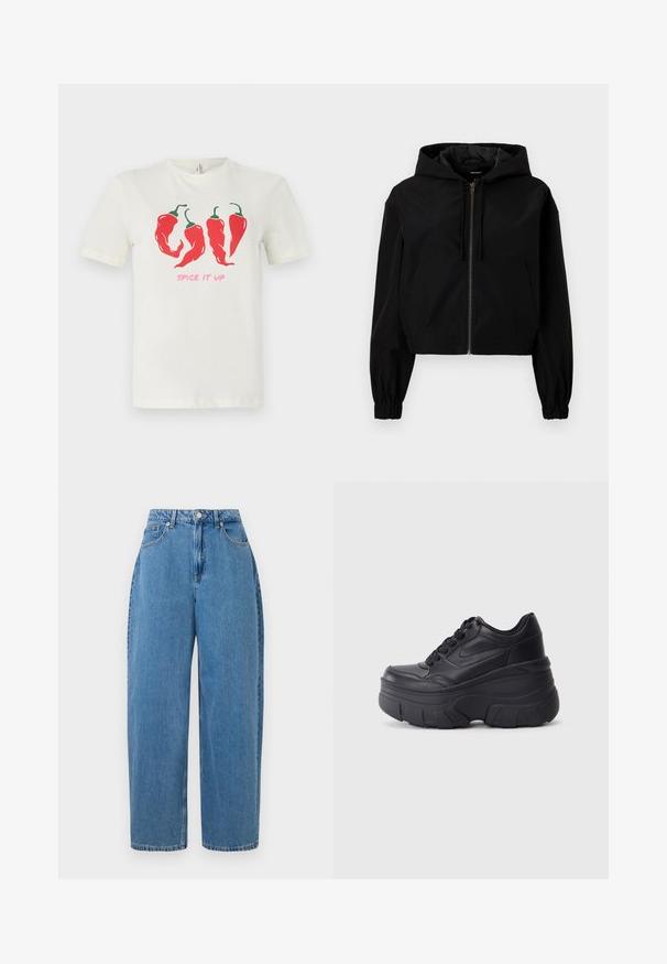 Veste noire courte avec capuche, dotée d'une fermeture éclair frontale, de poignets élastiques et d'une grande poche avant. Fabriquée à partir d'un matériau lisse et léger.; T-shirt en coton couleur crème présentant un graphique de trois piments rouges et le texte "RENDRE ÇA ÉPICÉ" en rose sous le motif.; Jeans droits taille haute bleu clair avec une fermeture à boutons et des poches avant, présentés sur un fond blanc.; Baskets noires à lacets avec une semelle épaisse, présentant un dessus en cuir lisse, un bout arrondi et un design de plateforme en couches distinct.
